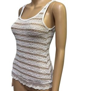 Agenda Scoop Neck Sleeveless Crochet Knit Lace Hem Tank Top Tan Striped Small